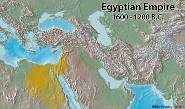 Map of the Egyptian Empire  - 1600-1200 BC. This map reveals the Egyptian Empire during the Eighteenth Dynasty of Egypt at its greatest extant around 1450 BC. Dynasty XVIII was a very interesting period because Egypt reached her greatest extant during this time which was approximately 1550 BC to 1290 BC. It is also the time period of Moses and the Hebrew Exodus from Egypt which took place around 1400 BC, although no one knows for certain.  