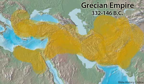 Map of the Greek Empire - 332-146 BC. Map of the Grecian Empire under Alexander the Great. This map reveals the Greek Empire in 323 BC under its greatest ruler Alexander the Great. The Grecian, or Macedonian Empire, rose up by conquering the existing Persian Empire. Alexander the Great, quickly and powerfully conquered the Persians in a brilliant series of battles, and Greece became the masters of the Oriental World. Alexander died in 323 BC, and after his death his empire was divided into four Kingdoms.