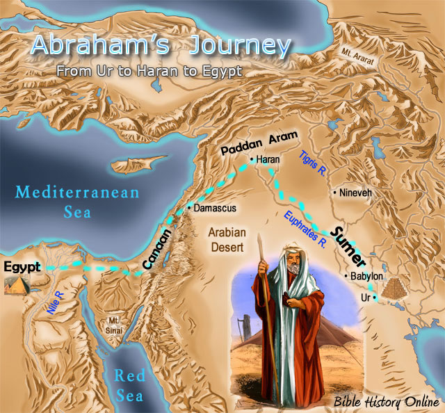 Map of the Abraham's Journey from Ur to Haran to Egypt