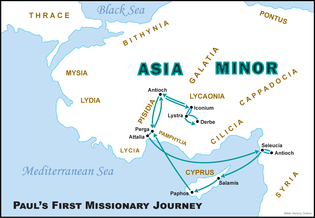 Map of Paul the Apostle's First Missionary Journey in the New Testament