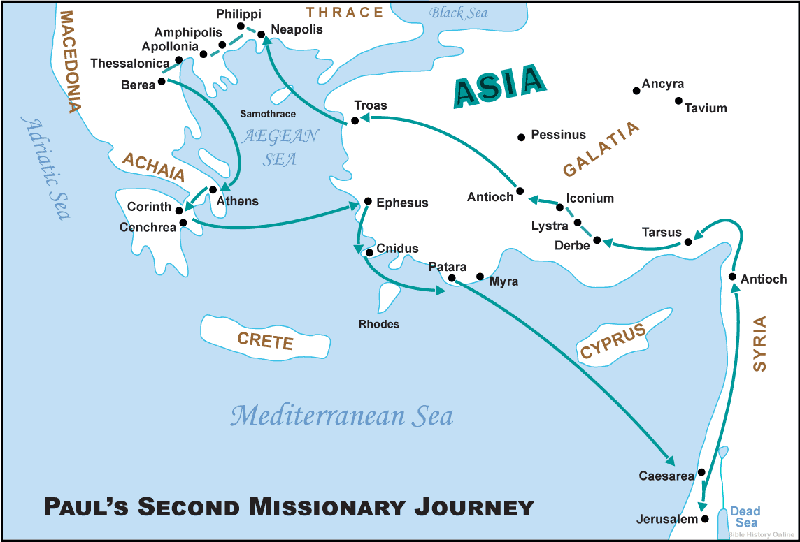 Map of Paul the Apostle's Second Missionary Journey in the New Testament