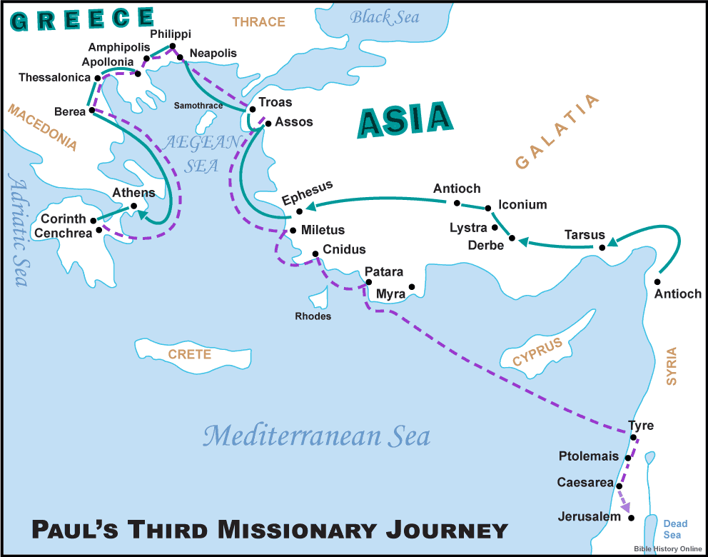 Map of Paul the Apostle's Third Missionary Journey in the New Testament